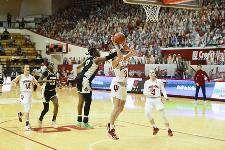 Indiana University’s Grace Waggoner (3) in action during the NCAA women’s basketball game between Indiana University and Purdue at Simon Skjodt Assembly Hall. The Hoosiers beat Purdue 74-59.
