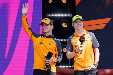 Lando Norris of Great Britain and Oscar Piastri of Australia and McLaren Formula 1 Team seen at the fan forum ahead of the F1 Grand Prix of Australia at the Albert Park Grand Prix Circuit.