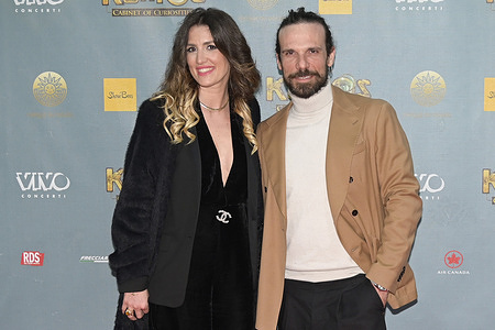 Federica Sorino (L) and Francesco Montanari (R) attend the red carpet of Cirque du Soleil show "Kurios Cabinet of curiosity" at tent theater in via Tor di Quinto.