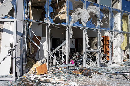 A damaged room inside the building of the Kyiv golf club in Makariv. Kyiv golf club in Makariv, became one of the battlefields during the Russian invasion and advance towards Kyiv, and was heavily damaged by the Russian forces in March at the beginning of the Russia-Ukraine war.