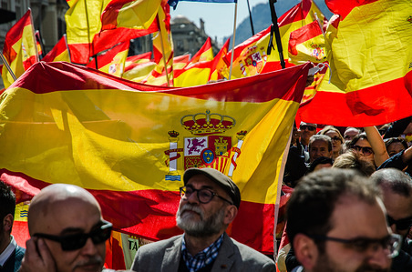 Various Spanish flags among protesters are seen during the demonstration.
Tens of thousands of pro Spain demonstrators took to the street of Barcelona to support the unity of Spain and against the Catalonia independence movement.