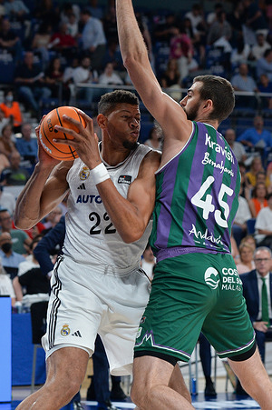 Edy Tavares of Real Madrid is seen in action during the second leg of the Liga ACB semi-final between Real Madrid and Unicaja at the Movistar Arena. Final Score: Real Madrid 90 - Unicaja 75