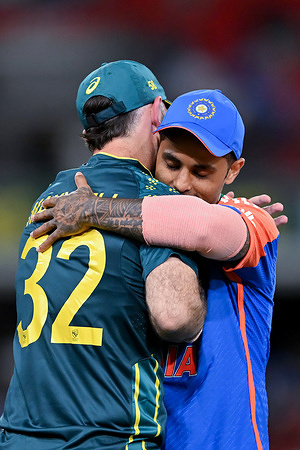 Suryakumar Yadav of India and Glenn Maxwell of Australia seen in action during game four of the T20 International Series between Australia and India at People First Stadium. Final score - IND: 167/8 (20 overs) , AUS: 119/10 (18.2 overs).