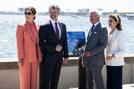 (L-R) Denmark's Queen Mary, King Frederik X, Sweden's King Carl XVI Gustaf and Queen Silvia pose for a photo during the celebration to mark the Øresund Bridge's 25th anniversary.  The Öresund Bridge, which connects Danish capital Copenhagen in Denmark and Malmö in southern Sweden, was inaugurated today for its 25th anniversary.
