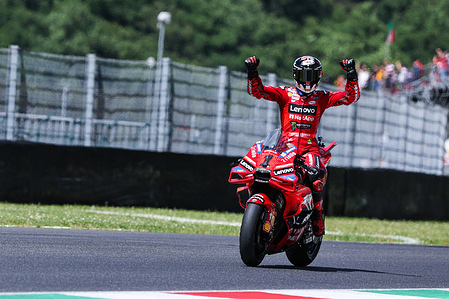 Francesco Pecco Bagnaia of Italy with Ducati Lenovo Team celebrates the victory in Sprint Race during the MotoGP GP7 Gran Premio d'Italia Brembo - Sprint Race at Mugello Circuit.