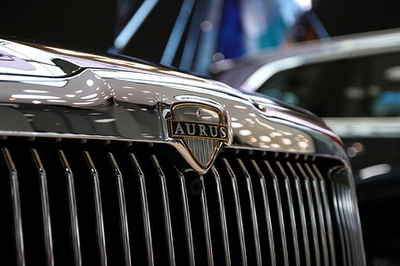 Presentation of the Aurus brand car at the stand of the Aurus company at the 12th St. Petersburg International Gas Forum (SPIGF 2023) in St. Petersburg.