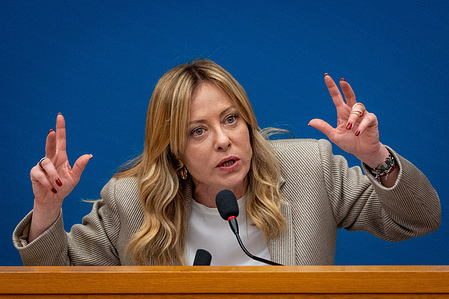 Italian Prime Minister Giorgia Meloni attends the annual press conference at the Chamber of Deputies in Rome.
