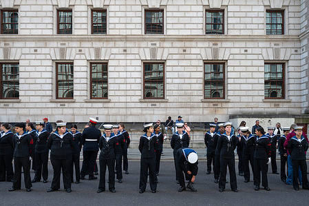 Cadets in formation during the ceremony. Young cadets attend an annual wreath laying ceremony at the Chenotaph in Whitehall commemorating Remembrance Day, with armed forces cadets and police cadets taking part in the solemn service. Attendees gather to honour members of the military who lost their lives in service, as wreaths are laid and a moment of reflection is observed in central London.