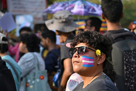 A member from LGBTQ community is seen protesting against Transgender Persons Amendment Bill in Mumbai. The bill which was passed by the Lok Sabha is described as an attempt to strip trans people across India of fundamental rights and dignity. it drastically narrows down the definition of who can be legally recognised as transgender. it moves away from the globally accepted inclusive definition that covers anyone whose gender identity doesn't match the sex they were assigned at birth.