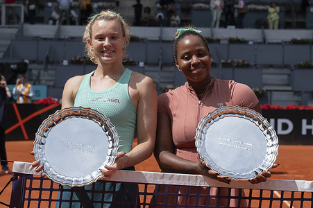 Katerina Siniakova of Czechia and Taylor Townsend of USA celebrate the victory against Mirra Andreeva of Russia and Diana Shnaider of Russia during the Women’s Doubles Final of Mutua Madrid Open 2026 at La Caja Magica. Victory of Katerina Siniakova and Taylor Townsend (7-6(2) y 6-2).