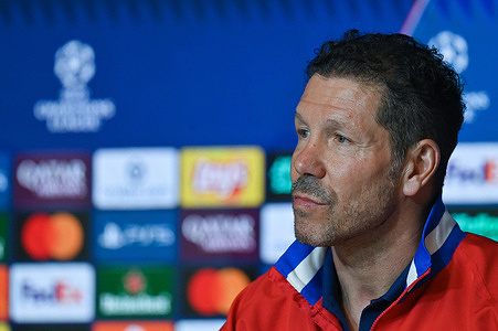 Diego Pablo Simeone coach of Atletico Madrid, attends a press conference before the UEFA Champions League play-off match against Club Brugge KV at the Metropolitano.