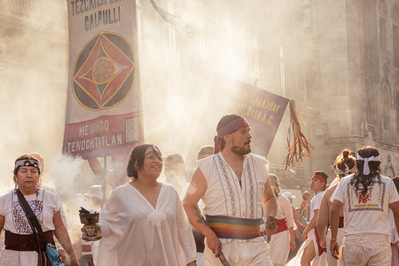 Calpulli Tonalehqueh performs at public square in celebration of Aztec Mexica New Year.
Calpulli Tonalehqueh performs at a public square in celebration of Aztec Mexica New Year. The Calpulli Tonalehqueh group performance captivates audiences with its vibrant display of traditional Mexican music and dance. Through their skilled choreography and authentic costumes, they offer a rich cultural experience that celebrates the heritage and traditions of Mexico.