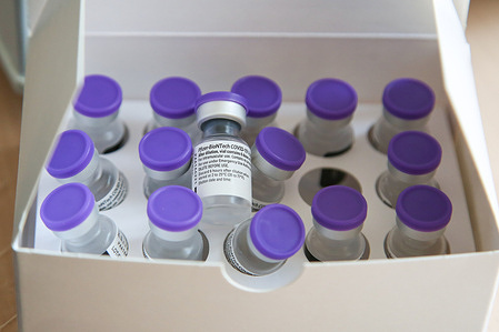 Vials of Pfizer/ BioNTech Covid-19 vaccine at a vaccination centre in London.