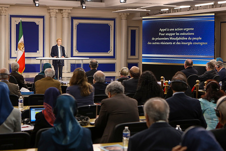 Dr. Herta Däubler-Gmelin, former German Minister of Justice, providing a legal and political perspective on the situation of human rights in Iran at the podium. An international conference demanding urgent global action to halt a surge in executions by the clerical regime was held on April 10, 2026, in Auvers-sur-Oise, north of Paris. Maryam Rajavi, the President-elect of the National Council of Resistance of Iran (NCRI), urged immediate protection for political dissidents and members of the People’s Mojahedin Organization of Iran (PMOI/MEK) at the summit. International figures endorsed the Ten-Point Plan for a free republic, emphasizing the necessity of accountability for ongoing repression.