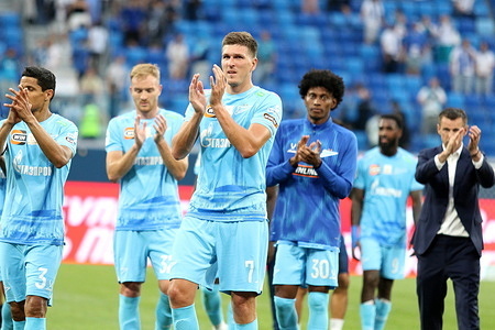 Aleksandr Sobolev (7), Zander Mateo Cassierra Cabezas and Mateo Cassierra (30) of Zenit seen during the Russian Premier League football match between Zenit Saint Petersburg and Rostov-on-Don at Gazprom Arena. Final score; Zenit 2:1 Rostov-on-Don.