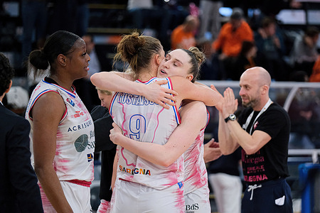 Elin Gustavsson (L) and Anna Makurat (R) of Banco di Sardegna Dinamo Sassari hug during the quarter of Women's Final Eight of the Italian Cup 2023 between Banco di Sardegna Dinamo Sassari and Allianz Geas Sesto San Giovanni at La Molisana Arena. Banco di Sardegna Dinamo Sassari Team beat Allianz Geas Sesto San Giovanni Team with a score of 53-48.