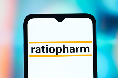 In this photo illustration, the Ratiopharm (Ratio Pharm) logo is seen displayed on a smartphone screen.
