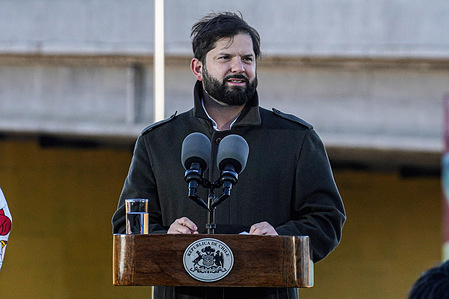 Chilean President Gabriel Boric speaks during the inauguration ceremony of a new road connection for the city of Valparaiso. Chilean President Gabriel Boric held a press conference and inaugurated a new route for the city of Valparaiso.