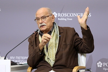 Nikita Mikhalkov, Film Director, Screenwriter; Founder, Studio 3T; Artistic Director, Theater and Cinema Center on Povarskaya seen during the Besogon and the Law 3.0 session at The St. Petersburg International Legal Forum at the Expoforum Convention and Exhibition Center.