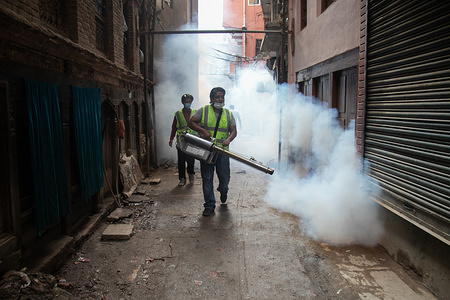 A member of Korean Disinfection Crupee Team fumigates the area to kill mosquitoes causing Dengue in urban areas of Kathmandu.
According to the Epidemiology and Disease Control Decision (EDCD), numbers of people suffering from Dengue reached 2559 all over Nepal and at least 60 patient suffering from Dengue virus have been confirmed in Kathmandu valley.