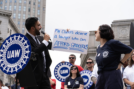 Democratic Mayoral candidate Zohran Mamdani joins union members at their rally at Foley Square in support of the UAW Legal Services Workers strike.