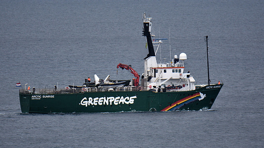View as the Arctic Sunrise research vessel owned by the environmental organization Greenpeace leaves the French Mediterranean port. Reinforced for navigation in ice, its hull is rounded and without a keel which allows it to emerge from the ice rather than being crushed by it.