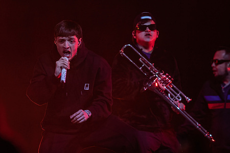 Mexican singer, Hassan Emilio Kabande Laija, known professionally as Peso Pluma performs live on stage during his concert at Palau Sant Jordi in Barcelona.