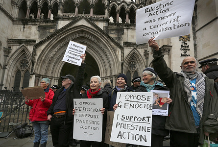 Supporters hold signs expressing their opinion outside the High Court in London during the rally in solidarity with Palestine Action. Supporters of Palestine Action gather outside the Royal Courts Of Justice in London to hear the result of the Judicial Review into the organisation’s proscription. The court ruled the government’s banning of the direct action group was illegal and that the group should be de-proscribed. They will remain banned while the government decide whether to appeal the ruling. This judgement has huge implications for the over 2500 supporters arrested for holding signs of support since July 2025 as their arrests will also be illegal.
