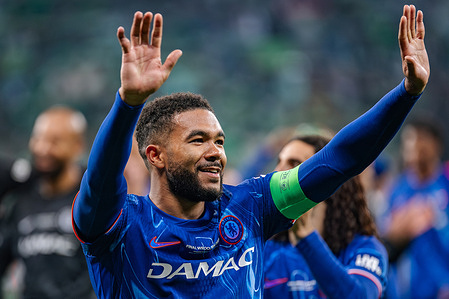 Reece James of Chelsea FC waves during the UEFA Conference League final 2025 match between Real Betis Balompie and Chelsea FC at Stadium Wroclaw. Final score; Real Betis Balompie 1:4 Chelsea FC.
