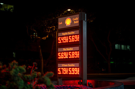 Fuel prices are displayed on a Shell gas station sign . California fuel prices remain among the highest in the nation.