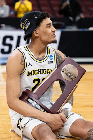 Yaxel Lendeborg of the Michigan Wolverines celebrates after a win against the Tennessee Volunteers in the Elite Eight round of the NCAA Men's Basketball Tournament at the United Center. Final score; Michigan 95-62 Tennessee.