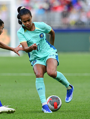 Mary Fowler of Australia women's football team seen in action during the 2024 AFC Women's Olympic Qualifying Tournament Round 2 Group A match between Philippines and Australia at Optus Stadium. Final score: Philippines 0:8 Australia.