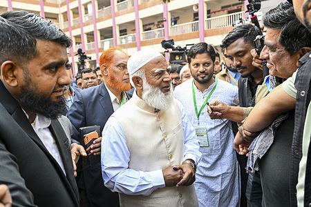 Bangladesh Jamaat-e-Islami Ameer Shafiqur Rahman speaks to the media after casting his vote in the 13th National Parliament Election and the referendum at Manipur High School (Boys' Branch) in Dhaka, Bangladesh. The election determines the country's next government as millions of voters head to the polls amid heightened political tension and security concerns.