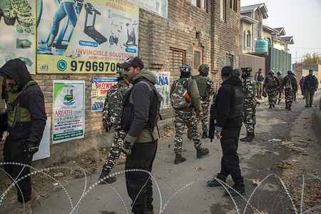 Security personnel arrive at the site of a blast inside a police station. At least nine people have been killed and 27 more injured after a cache of confiscated explosives detonated in a police station in Nowgam. Most of those killed were policemen and forensic team officials who were examining the explosives at the time of the detonation. Explosives reportedly detonated during a forensic investigation as part of a probe into an earlier blast in India’s capital, New Delhi.