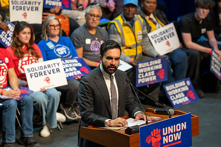 New York City Mayor Zohran Mamdani speaks at a Union Now rally held at Terminal 5 on April 12, 2026 in New York City.