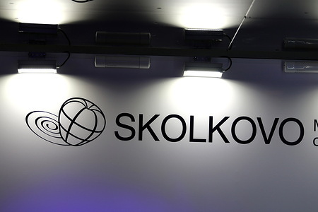 The Logo of Skolkovo is displayed at the XXVIII St. Petersburg International Economic Forum at the Expoforum Convention and Exhibition Center in St. Petersburg, Russia.