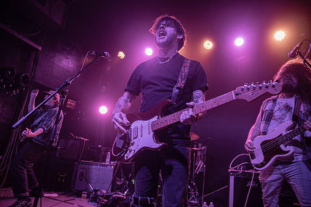 Nathan Williams, guitarist and vocals for the band Wavves performs on stage at the Covo Club. The concert marked their return to Italy to perform their album "Spun" (released in June 2025 and produced by Travis Barker), alternating new songs with surf-punk classics like "King of the Beach."