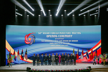 From left, East Timor Foreign Minister Bendito dos Santos Freitas, Laos Minister of Affairs Thongsavanh Phomvihane, Indonesia's Foreign Minister Sugiono, Cambodia's Foreign Minister Prak Sokhonn, Brunei's Minister of Foreign Affairs Erywan Yusof, Malaysia's Prime Minister Anwar Ibrahim, Malaysia's Foreign Affairs Minister Mohamad Hasan, Secretary for Foreign Affairs of the Philippines Theresa Lazaro, Singapore's Minister for Foreign Affairs Vivian Balakrishnan, Thailand's Foreign Minister Maris Sangiampongsa, Vietnam's Foreign Minister Bui Thanh Son, Myanmar Ministry of Foreign Affairs representative Kyaw Nyun Oo and Secretary General of the ASEAN Kao Kim Hourn pose for a group photo during opening ceremony of the 58th Association of Southeast Asian Nations (ASEAN) Foreign Ministers’ Meetings.