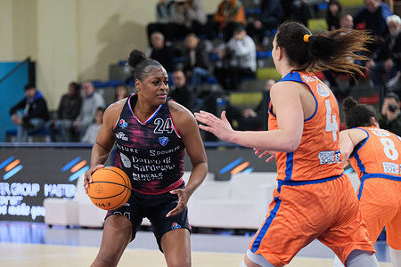 Joyner Michelle Holmes of Banco di Sardegna Dinamo Sassari (L) and Martina Bestagno of Famila Wuber Schio (R) in action during the semifinal of Women's Final Eight of the Italian Cup 2023 between Famila Wuber Schio and Banco di Sardegna Dinamo Sassari at La Molisana Arena. 
Famila Wuber Schio Team beat Banco di Sardegna Dinamo Sassari Team with a score of 88-61.