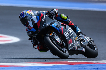 Toprak Razgatlioglu of Rokit BMW Motorrad WorldSBK Team with BMW M 1000 RR is seen in action during FIM SBK Superbike World Championship Pirelli Emilia-Romagna Round 6 - Free Practice at Misano World Circuit Marco Simoncelli.