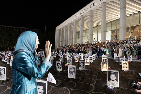 Maryam Rajavi visits the memorial ceremony outside the Palazzo dei Congressi, raising her hand greeting the crowd gathered to honor victims of Iran’s mass executions. In response, the attendees raised candles and pictures of the fallen in a powerful moment of solidarity and remembrance. During the Free Iran World Summit 2025, NCRI President-elect Maryam Rajavi and international dignitaries gathered at Palazzo dei Congressi in Rome to honor the victims of the 1988 massacre of political prisoners in Iran and recent executions, including MEK supporters Behrouz Ehsani and Mehdi Hassani.
