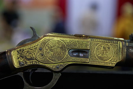 Winchester 1873 lever action worth 30,000 to 40,000 USD on display at the Rock Island Auction Company during the third day of the National Rifle Association convention.