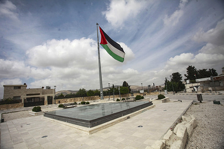 The Palestinian flag appears in the center of the courtyard of the Roman archaeological site in the town of Sebastia, north of Nablus in the West Bank. The area is disputed between the Israeli and Palestinian heritage ministries.