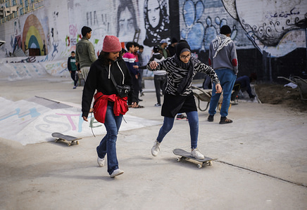 Italian activists train Young Palestinian girls to ride skateboards in Gaza City.