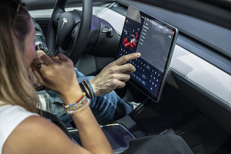 The interior of a Tesla vehicle is seen at the Automobile Barcelona show. The Automobile Barcelona 2023 show opens its doors from May 13 to 21 at the Montjüic fairgrounds. 23 car brands will present their novelties highlighting the electric car as the protagonist.