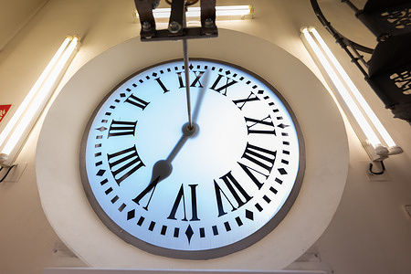 A view of the clock of the Puerta del Sol responsible for striking the twelve chimes on New Year's eve at the Royal Post Office.