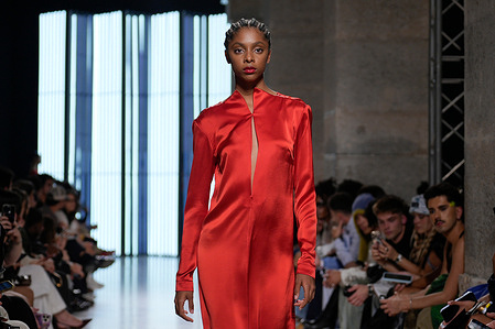 A model walks the runway during Luis Carvalho fashion show at ModaLisboa Pebbling, Lisbon Fashion Week in Lisboa.