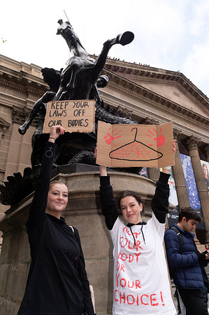 Pro-choice protesters hold placards expressing their opinion during the demonstration. Crowds of pro-choice protesters and supporters reacted to the US Supreme Court's decision to overturn Roe v. Wade and abolish the constitutional right to abortion in the USA.