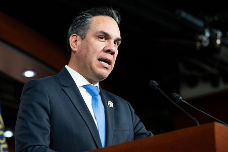 U.S. Representative Pete Aguilar (D-CA) speaking at a press conference at the U.S. Capitol.