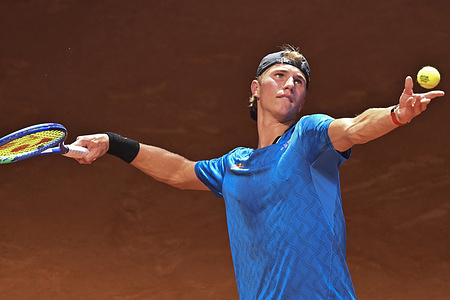 Nicolai Budkov Kjaer of Norway against Daniil Medvedev during the Men’s Singles m on day 8 of the Mutua Madrid Open at La Caja Magica